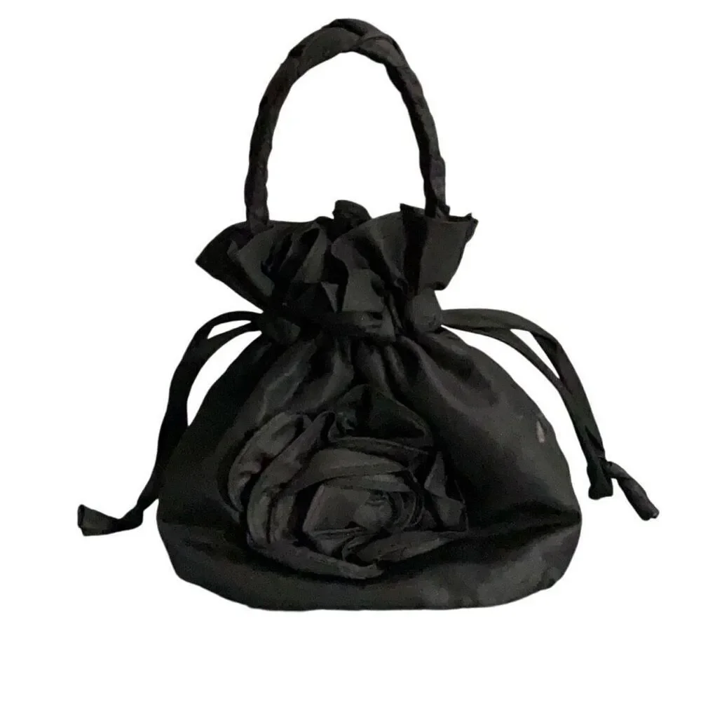 VTG Black Satchel Brown Quilted Inner Flat Bottom Drawstring Braided Handle Flaw